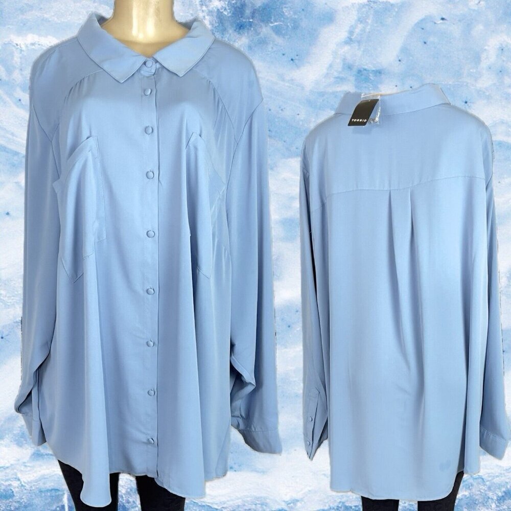 Torrid Studio +6 Blue Button Down Collar Pockets Curved Hem Long Sleeve Blouse